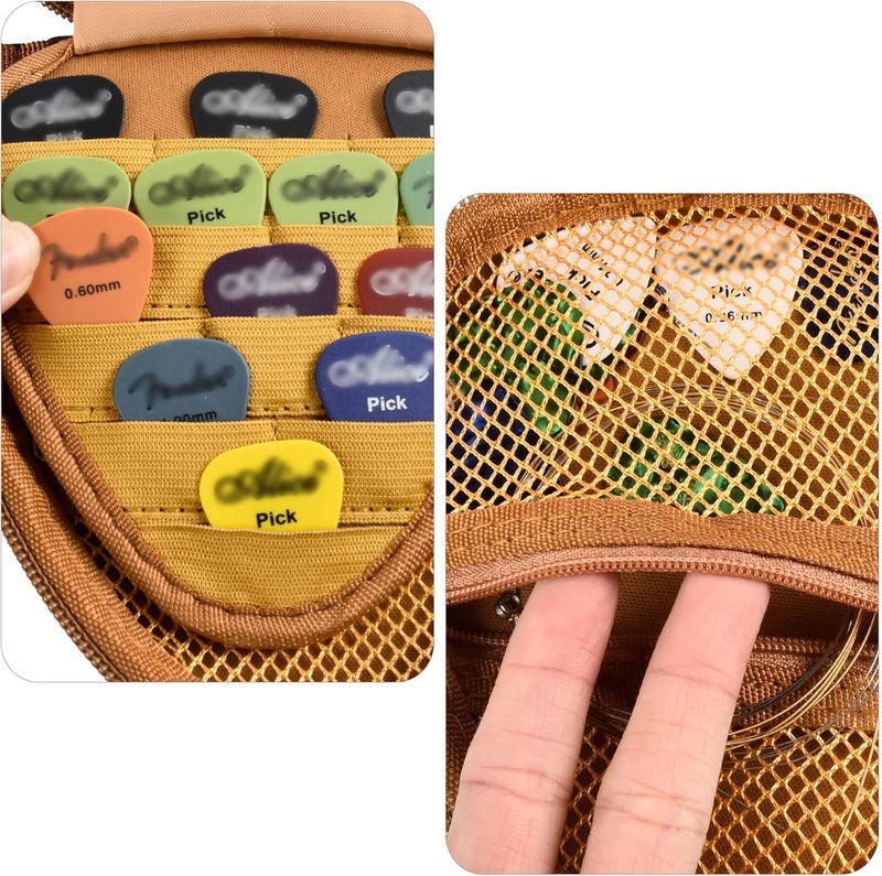 Comecase Guitar Picks Holder Case for Acoustic Electric Guitar Holds Over 39 Packs, Variety Pack Bass Picks Storage Pouch Organizer, Guitar Plectrums Bag with Mesh Pocket for Other Accessories - Brown - Image 3